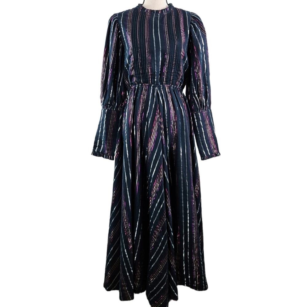 Farm Rio Metallic Lurex Stripe Black Long-Sleeve‎ Midi Dress | Women's XS